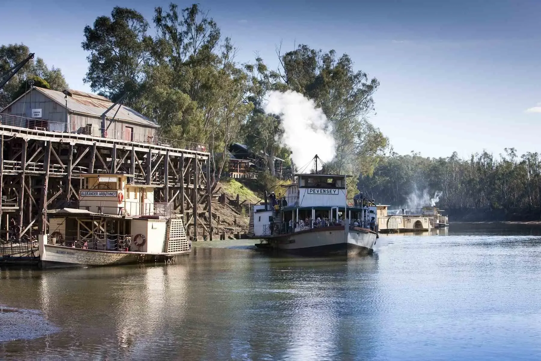 Paddlesteamers Pevensey and Alexander Arbuthnot at the red gum wharf, Port of Echuca, steam rising over the Murray